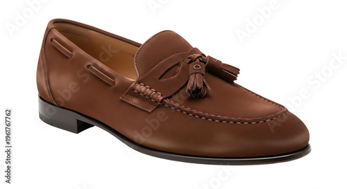 Brown Leather Tassel Loafer Shoe Isolated on Black