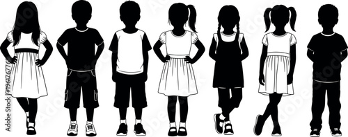 Group of diverse children silhouettes in various poses and outfits standing together for school youth community and childhood education concept