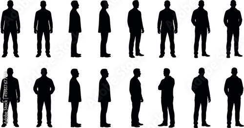 Full length silhouette of man standing in various poses and profiles isolated on white background for architectural visualization and design