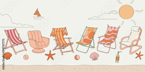 Several vintage beach lounge chairs and umbrellas sit idle on sandy shore under a bright sun with minimal outline drawings of clouds and a small sailboat aloft.