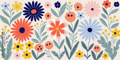 A cheerful collection of large, bold, flat-style daisies and other blossoms in rich primary and secondary colors pop against a neutral off-white canvas for graphic use.