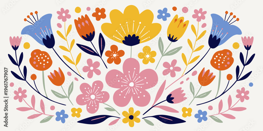 Fototapeta premium Symmetrical cluster of stylized flowers and leaves forms an ornamental crest, featuring rounded petals and pointed leaves in a bright and welcoming color scheme on an off-white surface.