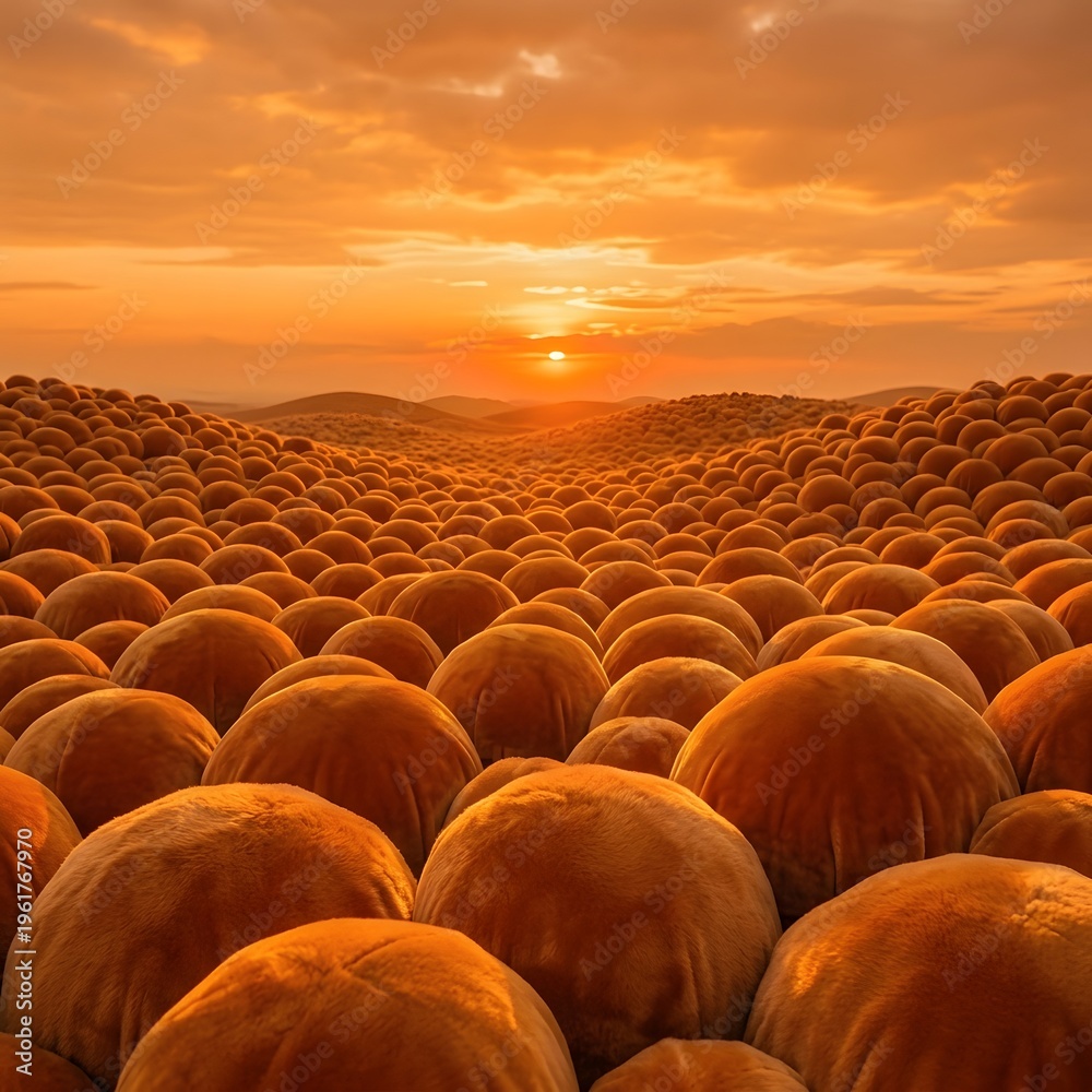 Obraz premium A serene landscape of numerous rounded orange objects fills the foreground, with a vibrant orange sky and sunset in the background