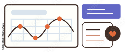 Business analysis, statistics, performance metrics, web dashboard, user activity, data tracking. Line graph with data points, chart elements and heart icon. Business analysis and statistics concept
