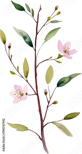 Delicate branch with pink flowers and green leaves