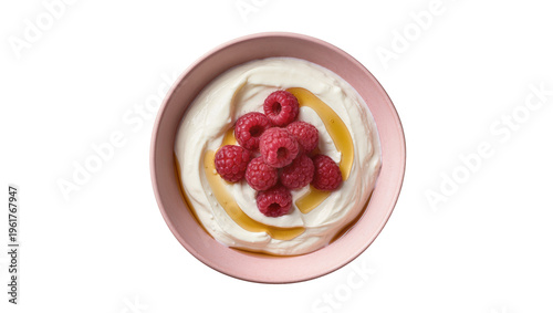 Tableau sur toile Delicious bowl of creamy Greek yogurt topped with fresh red raspberries and gold