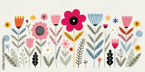 Vibrant, graphic array of exaggerated flower heads and prominent dark green leaves fills the frame creating an energetic vertical accent ideal for cheerful product packaging design.