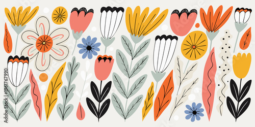 Assortment of abstract Scandinavian style blossoms and textured leaves are sparsely distributed across a pale surface presenting a subtle decorative motif for crafting projects.