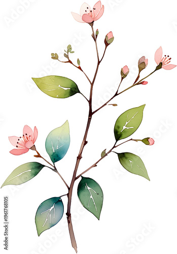 Delicate Branch with Pink Flowers and Green Leaves