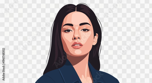 Vector illustration of a young woman with long straight dark hair and brown eyes wearing a dark blue shirt. Isolated portrait with flat color shading and minimalist digital art style.