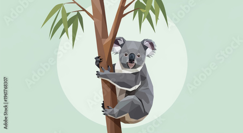 Minimalist low-poly faceted vector art of an Australian koala bear holding onto a tree trunk with green leaves, depicted in a modern geometric style on a soft green background.