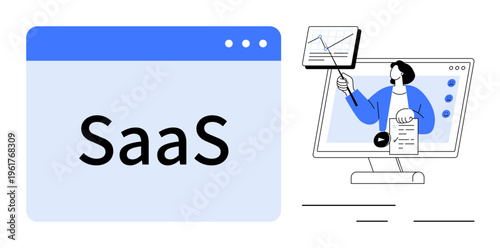 SaaS concept. SaaS with browser window and online presentation elements. SaaS solutions enhance digital innovation and productivity. Ideal for technology, marketing, and business growth