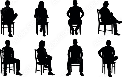 Set of black silhouettes of men and women sitting on chairs in various poses and positions isolated on white background
