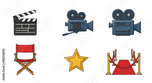 Movie production vector icon set with a film clapperboard, vintage cinema cameras, red director folding chair, gold star, and red carpet with gold stanchions on white background.