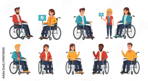 Vector illustration set of diverse smiling young men and women sitting in manual wheelchairs. Disabled people in casual clothing isolated on white for inclusion and accessibility.