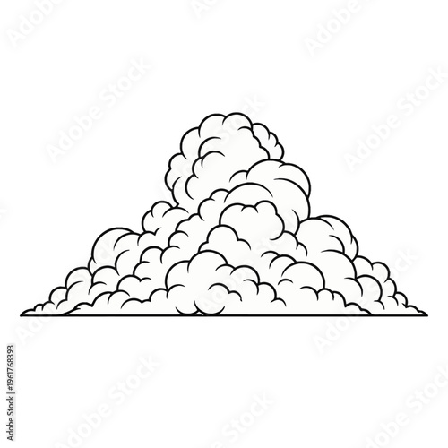Large billowing cumulus cloud formation in black and white line art style, featuring thick dark outlines and a comic book aesthetic, isolated on a white background for design.