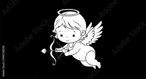 Cute baby cupid angel illustration featuring a halo, wings, and bow with arrow, rendered in a white line art style on a solid black background, ideal for Valentine's Day themes.