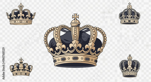 Set of five ornate vintage royal crown illustrations featuring golden filigree, fleur-de-lis motifs, and crosses with dark black velvet interiors isolated on a transparent background.