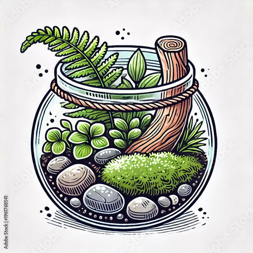 Small Glass Terrarium with Plants and Stones