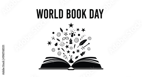 A creative vector graphic illustration celebrating world book day, showcasing an open book with literary symbols and knowledge bursting forth.