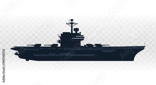 Detailed silhouette of a naval aircraft carrier ship featuring a flat flight deck, command tower island, and radar masts, side profile view isolated on a transparent grid background.