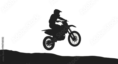Black silhouette of a motocross rider performing a high jump on a dirt bike against a white background with a dark landscape hill horizon at the bottom, minimalist action sport.