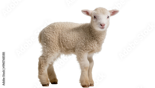 Fotografia Charming little white lamb with thick wool coat standing upright and looking at