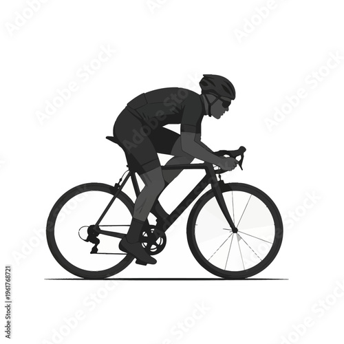 Side view illustration of a competitive road cyclist wearing a helmet and jersey, riding a modern bicycle in a fast aerodynamic tuck position against a plain white background.