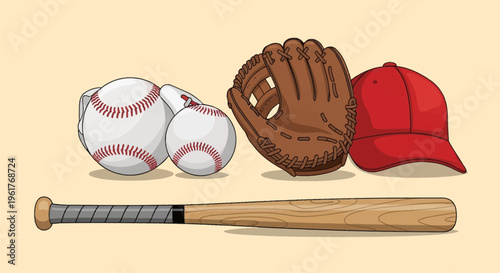 Vector illustration of baseball equipment featuring a wooden bat with grip tape, a brown leather mitt, a red baseball cap, and two white baseballs with red stitching.