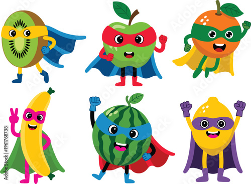 Cute superhero fruit characters set featuring kiwi apple orange banana watermelon and lemon in colorful cartoon style for kids designs