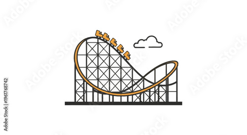 Flat vector illustration of a roller coaster with orange tracks and cars descending a steep drop, set against a white background with a simple cloud and scaffolding structure.