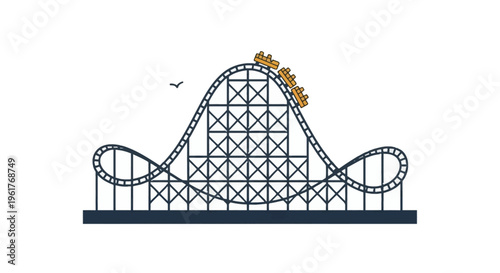 Flat vector illustration of a roller coaster ride with yellow cars climbing a track peak, featuring loops and a structural support frame, isolated on a plain white background.