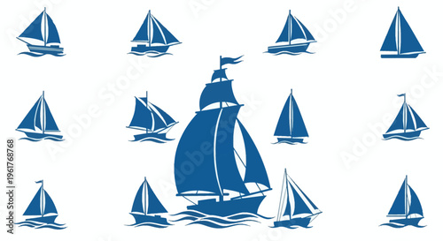 Set of various blue sailing boat icons including modern yachts, traditional sloops and a large multi-masted galleon on sea waves, isolated on white background for marine use.