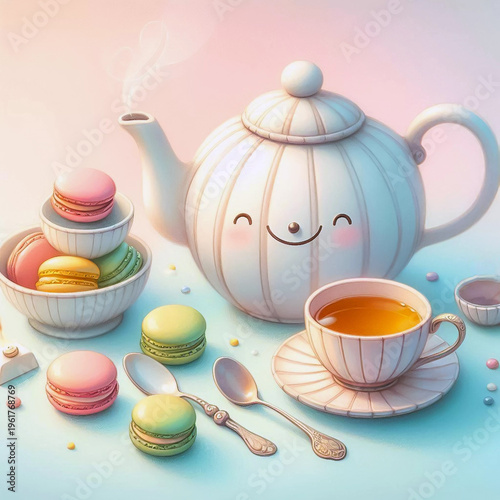 Teapot and Macarons Set on a Table