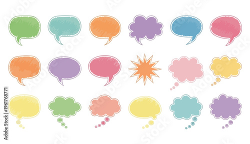 Hand-drawn colorful speech bubbles set in various shapes and pastel colors. Crayon chalk or colored pencil texture