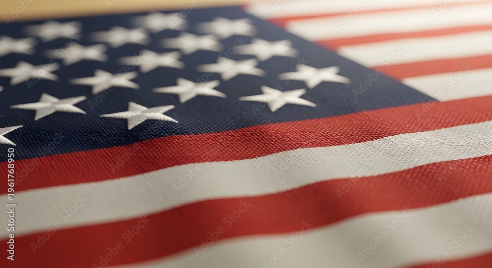 Obraz premium Close up American flag fabric texture with waving folds, USA patriotic background for independence day, national pride concept with soft focus stars stripes