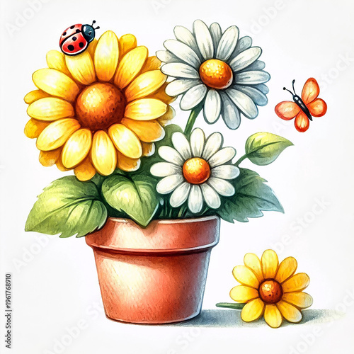 Colorful Flower Pot with Flowers and Insects