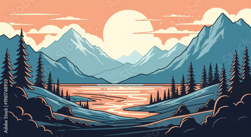 Vector art illustration of a serene mountain landscape featuring blue peaks under a peach sunset sky with a large sun, calm river reflecting light, and pine tree forest silhouettes.
