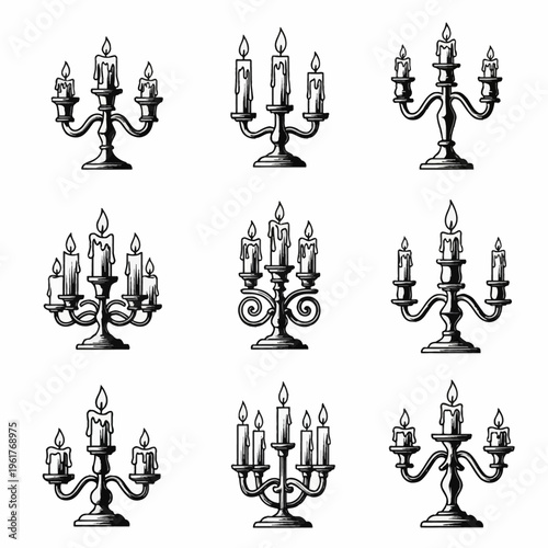 Set of nine black and white vector illustrations featuring various ornate antique candelabras with lit candles, dripping wax details, and decorative branch designs on a white background.