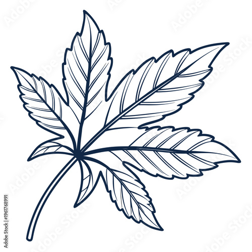 A black line drawing of a cannabis leaf