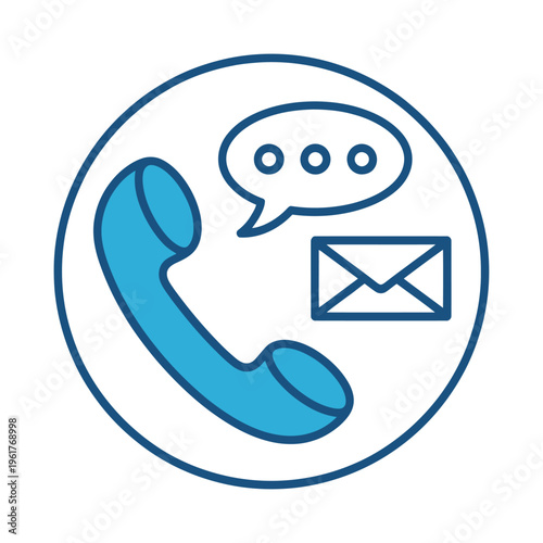 Circular vector icon featuring a telephone receiver and symbols for messaging and email communication.