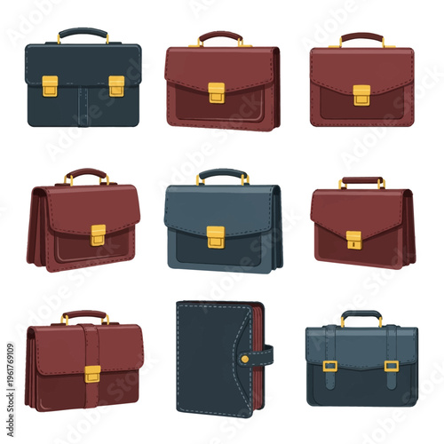 Vector illustration set featuring nine various professional briefcases, leather satchels, and business bags in navy blue and maroon with gold hardware on white background.