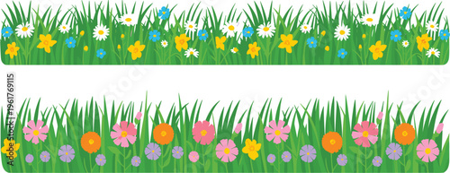 Seamless grass border with colorful wildflowers featuring daisies and blossoms in vibrant spring meadow illustration for decorative nature backgrounds