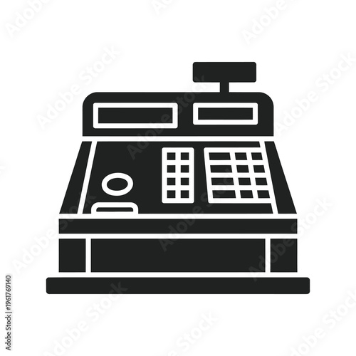 Vector of a cash register machine with a numeric keypad and display screens on a counter.