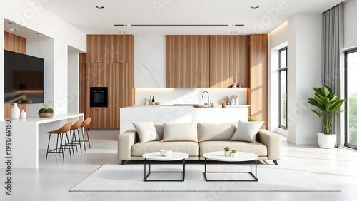 Modern living room with neutral tones and wood accents