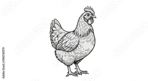 Detailed hand-drawn vector sketch of a standing hen chicken in a vintage engraving style featuring intricate feather textures, comb, and wattle, isolated on a white background.
