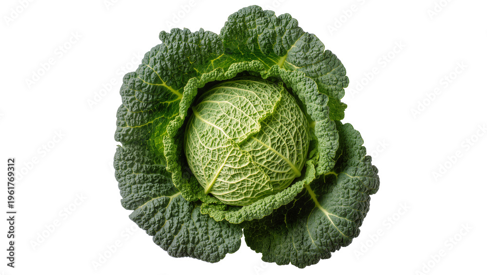 Obraz premium Dense dark green Savoy cabbage head with tightly packed textured leaves, isolated on transparent background for healthy food designs
