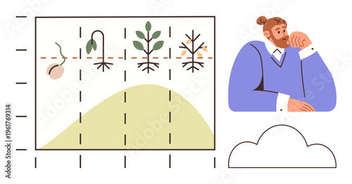 Agriculture, growth cycle, environmental awareness, contemplation, sustainability, farming education. A man observes a chart of plant growth stages. Agriculture and growth cycle concept