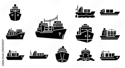 Set of black vector icons featuring cargo ships, container vessels, and maritime freight carriers in various perspectives like side profile and front view on white background.