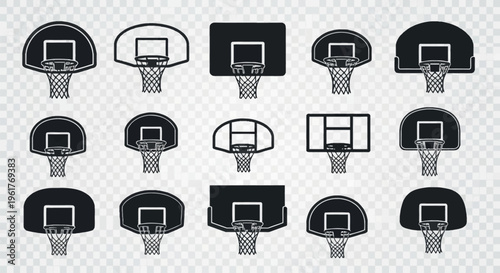 Set of fifteen black basketball hoop and backboard silhouette icons featuring various rectangular, rounded, and fan-shaped designs with different net styles on a transparent background.